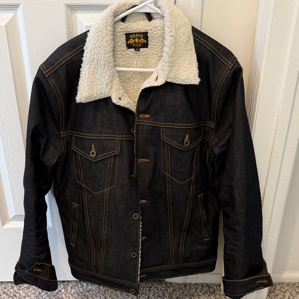 Brave Star Men's Black Denim Jacket with Sherpa Lining